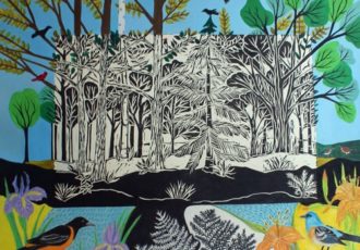 mixed media print of woods and birds by Audrey Kay Dowling