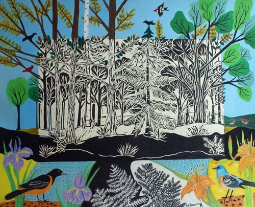 mixed media print of woods and birds by Audrey Kay Dowling
