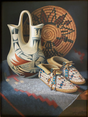 oil painting of Native American artifacts by Sue Krzyston