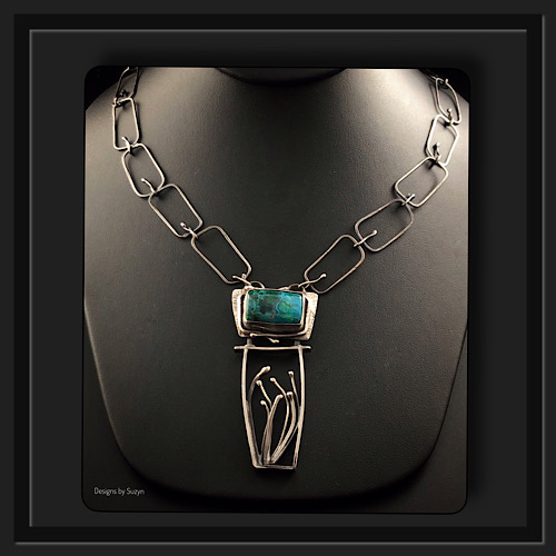 Gem Silica/Chrysocolla pendant with hand forged Argentium silver chain by Suzyn Gunther