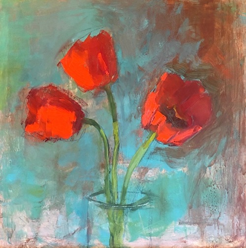 oil and graphite painting of red tulips by Ileen Kaplan