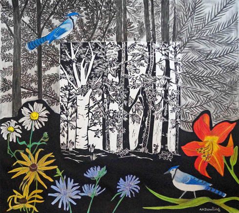 mixed media print of bluejays in the summer woods by Audrey Kay Dowling