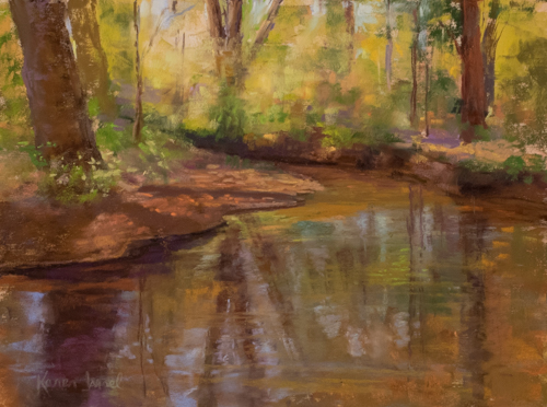 pastel of a wooded stream by Karen Israel