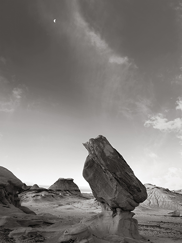 black and white photograph of a rock formation at Bisti Badlands, NM, by Nathan McCreery