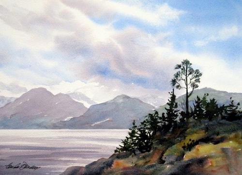watercolor landscape of mountains in Sea to Sky, Whistler by Enda Bardell