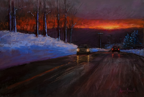 pastel of winter road at sunset by Karen Israel