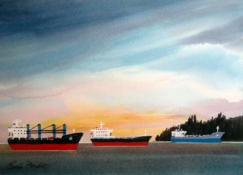 watercolor of freighters in English Bay, Vancouver by Enda Bardell