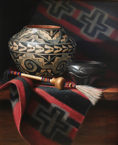 oil painting of Native American artifacts by Sue Krzyston