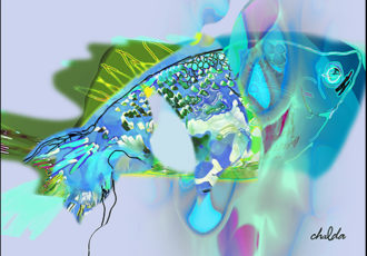 abstract digital print of a blue fish by Chalda Maloff