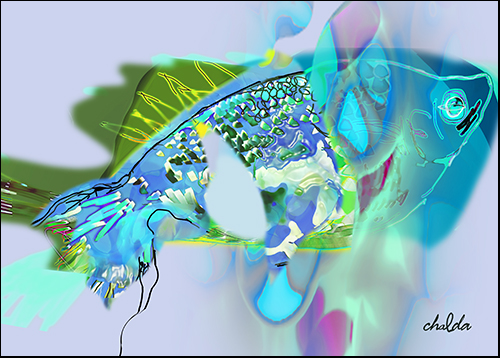abstract digital print of a blue fish by Chalda Maloff