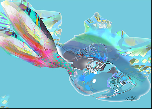 abstract digital pigment print of a blue fish by Chalda Maloff