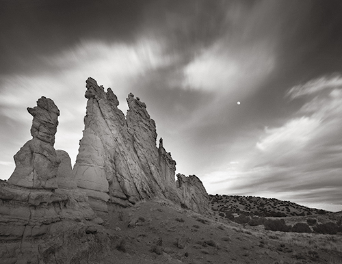 black and white photograph of a sandstone fin at Plaza Blanca, NM, by Nathan McCreery