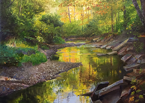 oil painting of a serene wooded stream by Dan Knepper