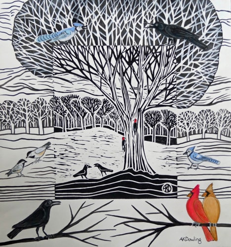 black and white mixed media print of birds in a tree by Audrey Kay Dowling