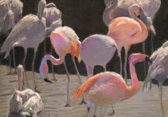pastel of flamingos by Karen Israel