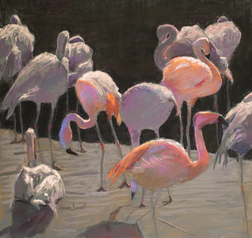 pastel of flamingos by Karen Israel