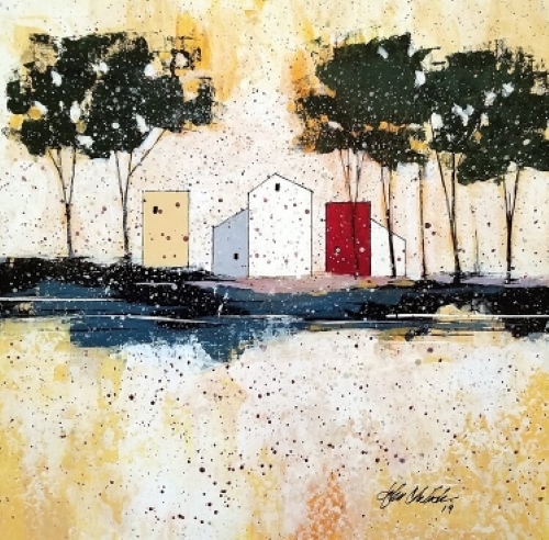 abstract landscape of buildings and trees with splatter paint by John Chehak