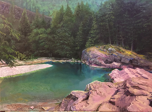 oil painting of a beaver dam in a river by Dan Knepper