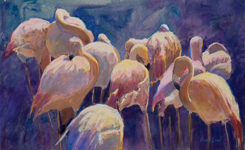 pastel of flamingos by Karen Israel