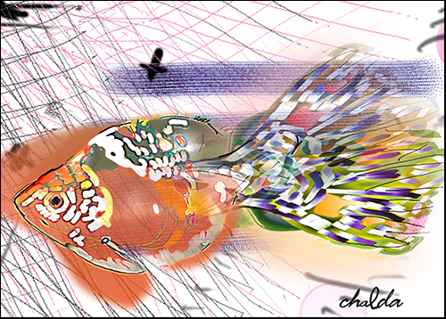 abstract digital pigment print of a multi-colored fish by Chalda Maloff