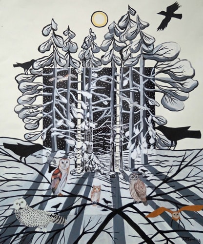 black and white mixed media print of crows in trees by Audrey Kay Dowling