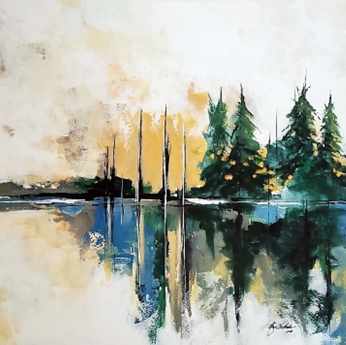 abstract landscape of woods and a lake by John Chehak