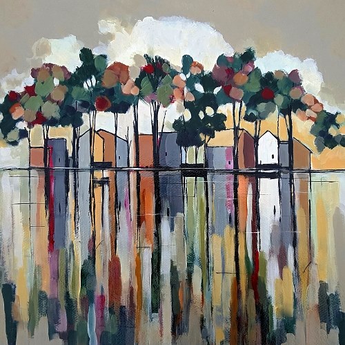 abstract landscape with a village reflected in water by John Chehak