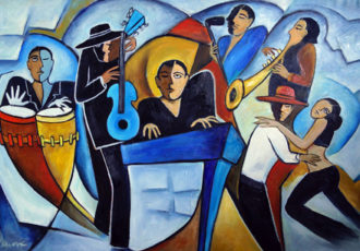 neo-cubist painting of Latin musicians by Valerie Vescovi