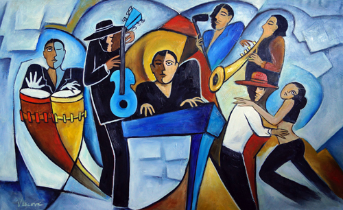 neo-cubist painting of Latin musicians by Valerie Vescovi