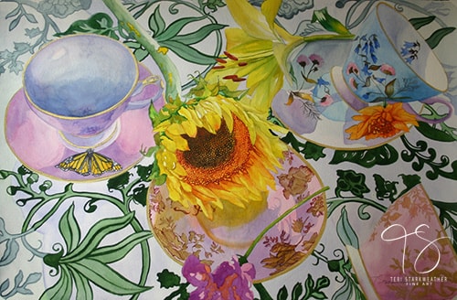 watercolor of sunflowers and a teapot by Teri Starkweather