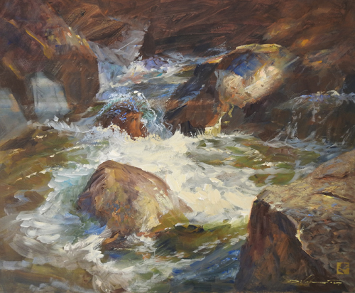 painting of a rock strewn river by Rick J. Delanty