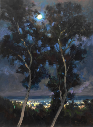 painting of the moon through trees by Rick J. Delanty