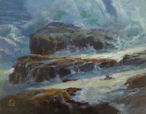 painting of waves crashing on rocks by Rick J. Delanty