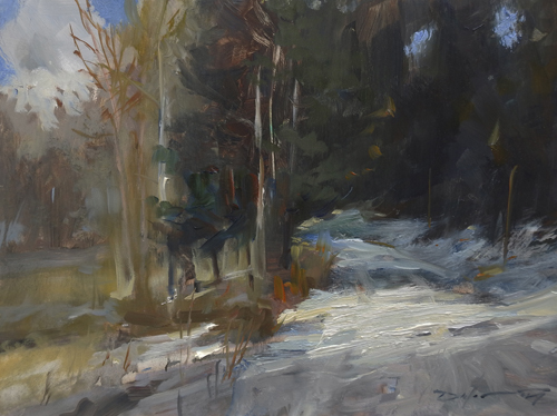 painting of a snowy road in the woods by Rick J. Delanty