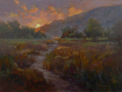 painting of the sun setting behind the mountains by Rick J. Delanty
