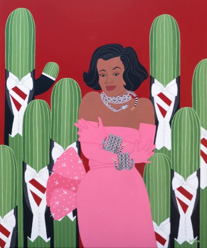 painting of a woman with diamonds and a pink dress among cacti by Bettina
