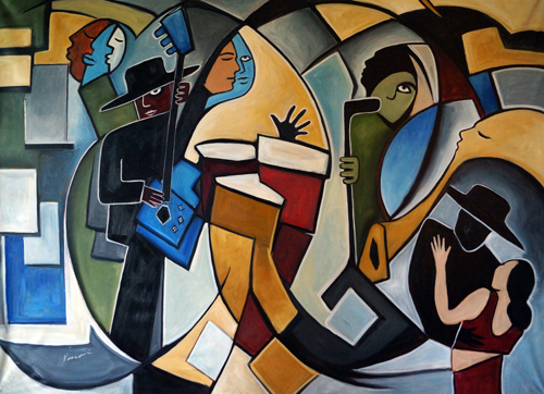 neo-cubism painting of musicians and dancers by Valerie Vescovi