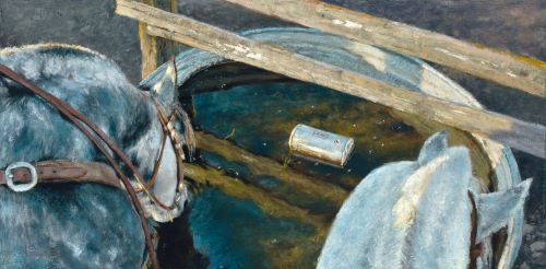 painting of a gray and white horse drinking water by Shandy Staab
