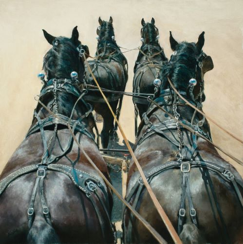 painting of horses pulling a wagon by Shandy Staab