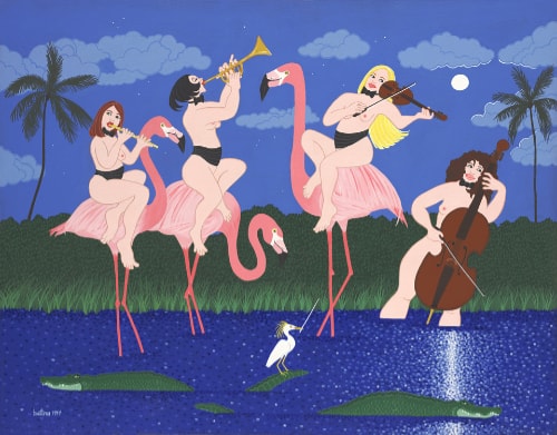 painting of female musicians sitting on flamingos by Bettina