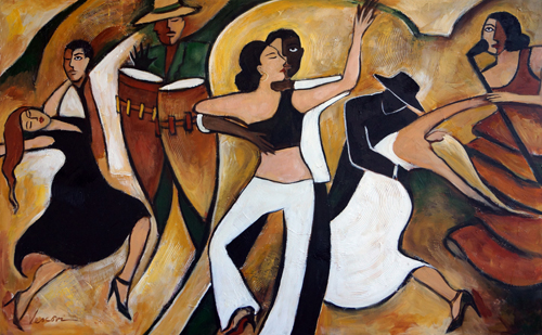 neo-cubism painting of salsa dancers by Valerie Vescovi