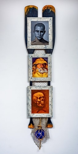 mixed media wall hanging with three framed portraits by Lloyd Crow
