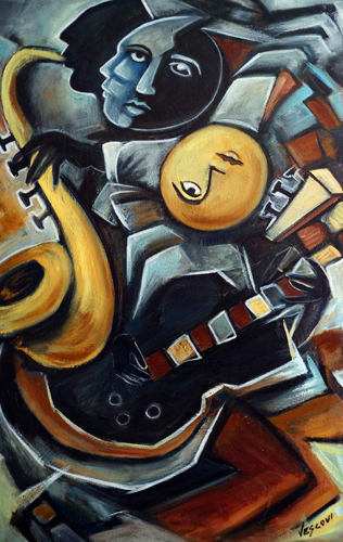 neo-cubism painting of jazz musicians by Valerie Vescovi