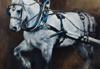 painting of a white draft horse in harness by Shandy Straub