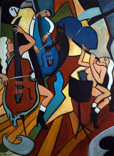 neo-cubism painting of a jazz trio by Valerie Vescovi