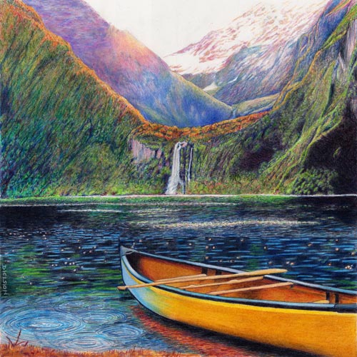colored pencil drawing of a canoe floating on a mountain lake by Rhonda Dicksion