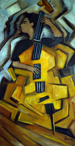 neo-cubism oil and cold wax painting of a jazz bass cello player by Valerie Vescovi