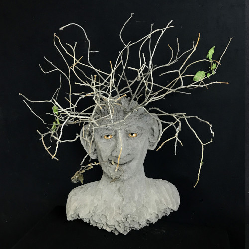 concrete sculpture portrait of a man with branches growing out of his head by Barbara Liss