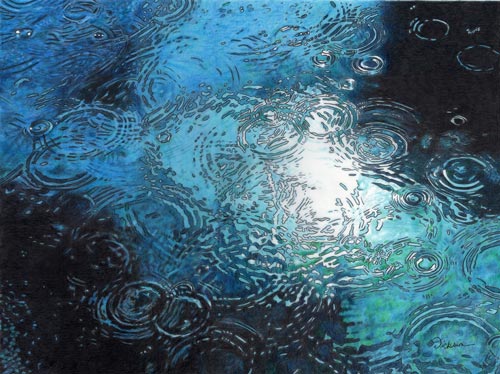 colored pencil of rain hitting a puddle by Rhonda Dicksion