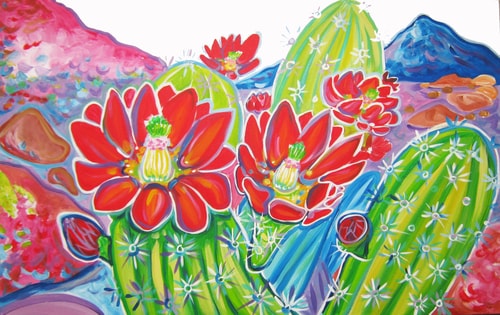 landscape painting of red cactus flowers in Arizona by Rachel Houseman